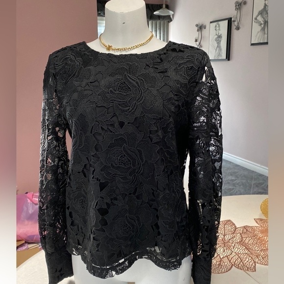 HALOGEN Long Sleeve Lace Top Woman French Style Lace Blouse Black Sz S - Picture 4 of 14